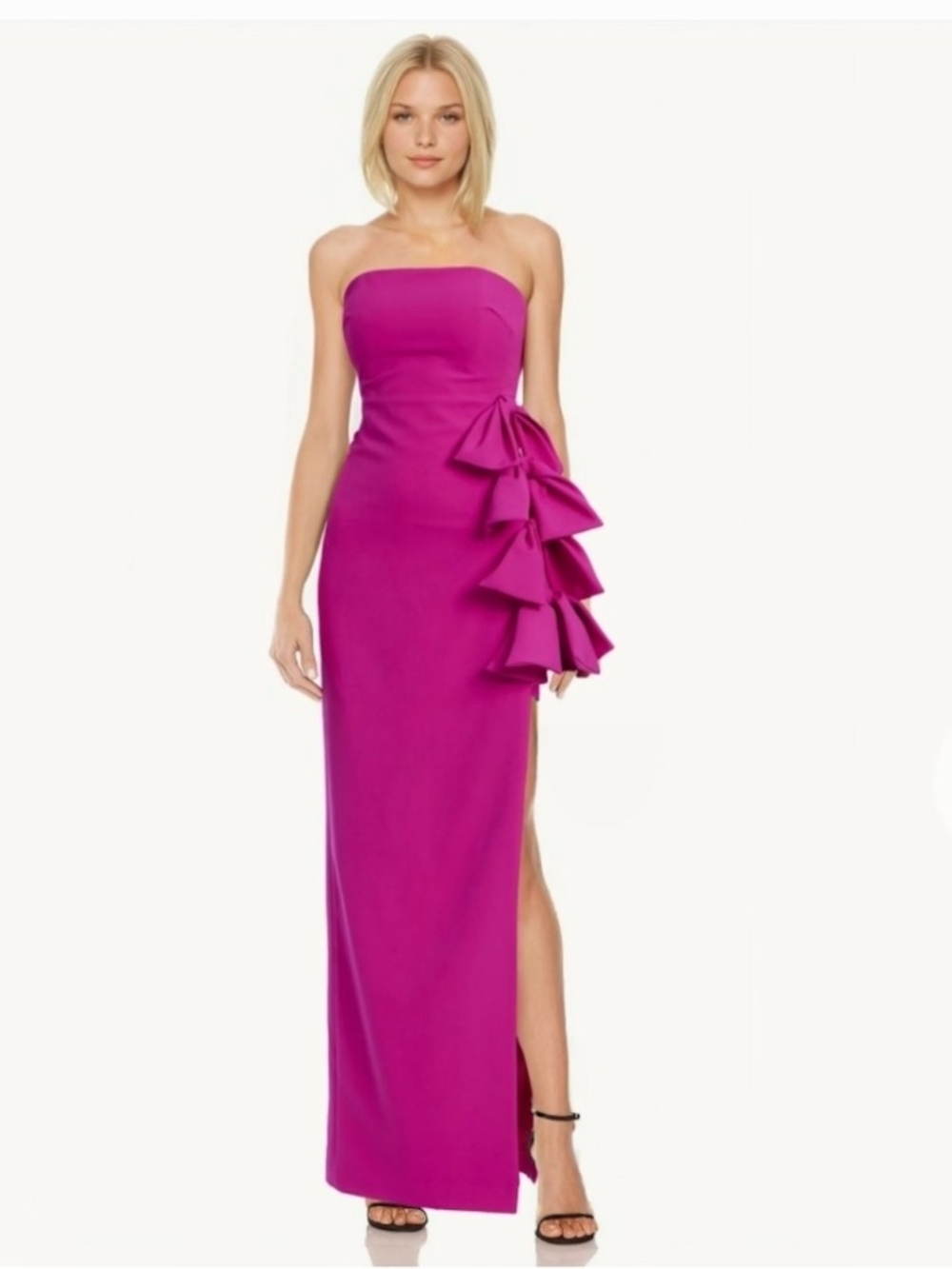 Badgley Mischka Strapless Magenta Column Gown with Side Cascade Bows